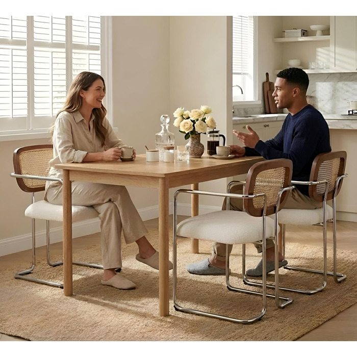 Обідні стільці, комплект з 2 шт. , ретро кухонні стільці зі спинкою з ротанга, м&39які обідні стільці з металевим каркасом та штучним хутром, для їдальні, вітальні, кухні, спальні, холу, білі 2 білі