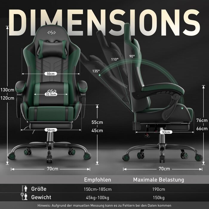 Ігрове крісло з функцією масажу, ергономічне ігрове крісло, гоночне ігрове крісло з підставкою для ніг, підголівником та масажною поперековою подушкою, м&39яке комп&39ютерне крісло, вантажопідйомність 150 кг, чорно-зелене