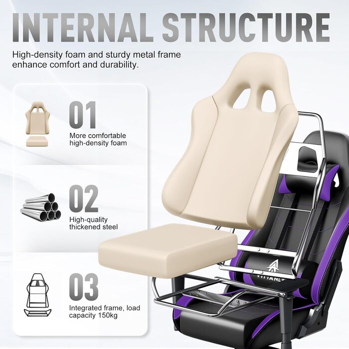 Ігрове крісло Vittanly, ергономічне ігрове крісло з підголівником та поперековою опорою, регульоване по висоті поворотне ігрове/офісне крісло з регульованою спинкою 90-165, вантажопідйомність 150 кг, фіолетове