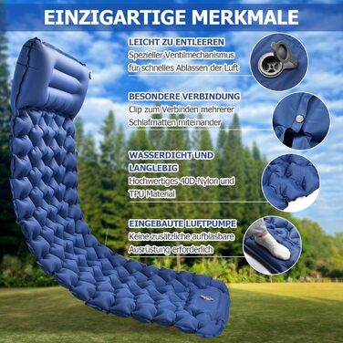 Килимок для сну, надувний матрац висотою 10 см для кемпінгу, невеликий розмір упаковки, надлегкий надувний килимок для сну з ножним насосом, водонепроникний килимок для сну для активного відпочинку, походів, пляжу, синій