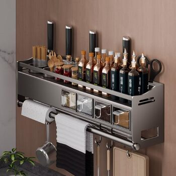 Настінна полиця для спецій, кухонна полиця для спецій з тримачем для кухонних рулонів, 4 банки та 6 гачків, полиця для спецій без свердління, кріплення на дверцята шафи, металевий тримач для спецій, настінна кухонна полиця, органайзер для спецій