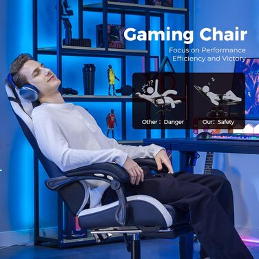 Ігрове крісло GTPLAYER, ергономічне офісне крісло з підставкою для ніг, регульованим підголівником та поперековою опорою, ігрове крісло, білий колір