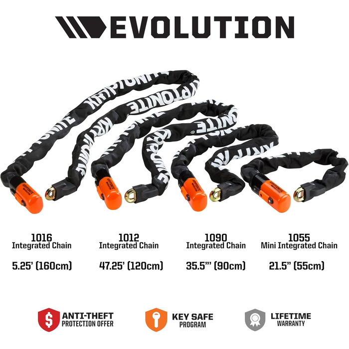 Ланцюговий замок Kryptonite Evolution 1090 - 90 см, клас безпеки 8/10, протиугінний, велосипедний замок високого рівня безпеки, зі сталевим ланцюгом 10 мм та 3 ключами, чорний, одинарний