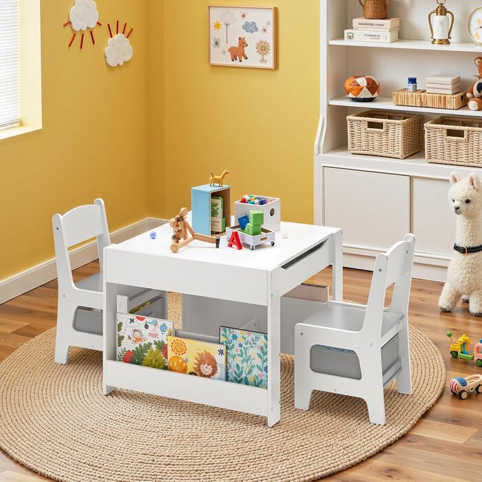 Дитячий стіл Xbro з 2 стільцями, дитячий стіл для малювання 4-в-1 з місцем для зберігання, багатофункціональний дерев&39яний дитячий комплект сидіння з книжковою полицею, для дітей віком від 3 років, 61,5 61,5 48 см, сірий