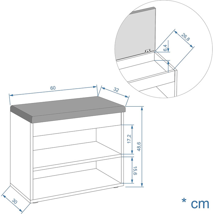 Лавка для взуття KOMTO з сидінням - Стелаж для взуття, лавка з місцем для зберігання, біла 60 x 48 x 32 см, Маленька шафка для взуття з лавкою, лавка для коридору, гардеробна лавка, Софія, біла Оббивка сіра 60 x 48 x 32 см
