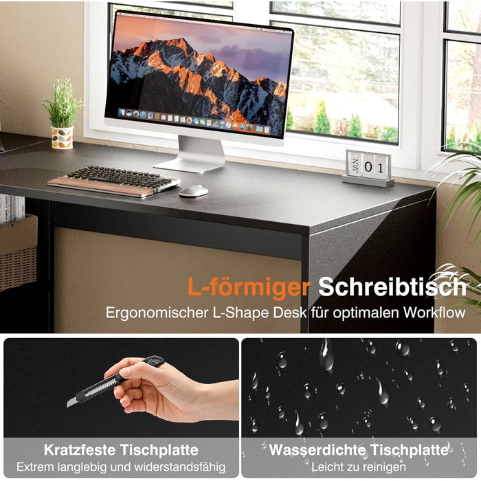 Г-подібний стіл Sweetcrispy з полицею та шафою, 120x100x75 см, кутовий стіл, міцний ігровий стіл з місцем для зберігання, легке складання, чорний 120x100x75 см