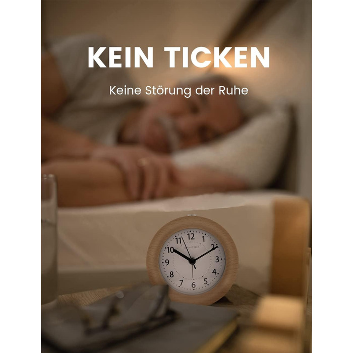 ВищеГодинник будильник аналоговий без цокання, будильник дерев'яний з дрімотою, тумбочка настільний годинник з нічником, ретро-будильник аналоговий на батарейках (потрібна батарея 1*AA) - натуральне дерево світло-коричневого кольору (кругле, світло-коричн