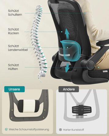 Ергономічне офісне крісло SONGMICS, обертове крісло з сіткою, поперековою частиною та підголівником, функція гойдання, розмір сидіння 53 см, складні підлокітники, для роботи та спальні, для студентів, чорне OBN37BK Чорний без підголівника