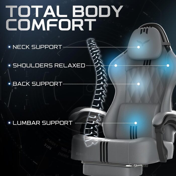 Ергономічне ігрове крісло Verdego з функцією масажу, підголівником та підставкою для ніг, штучна шкіра, регульована спинка 90-145, регульована висота 10 см, ігрове крісло, сіро-чорна штучна шкіра