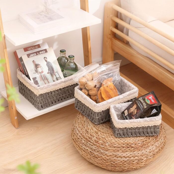 Набір кошиків для зберігання з 3 предметів, плетені кошики для зберігання в стилі бохо, декоративні кошики для дому, офісу, ванної кімнати та спальні (сірий)