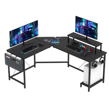 Ігровий стіл 160x135 см, комп&39ютерний стіл, письмовий стіл з підставкою для монітора, 2 розетки та 2 порти USB для зарядки, кутовий стіл, L-подібний ігровий стіл, великий кутовий стіл для ПК 160 x 135 x 75 см