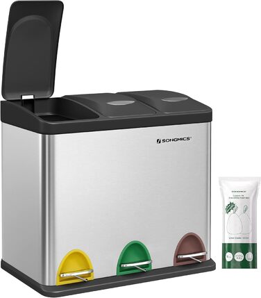 Відро для сміття кухонне, 3 x 8 л, невелика місткість, система розділення відходів 3 відділення, відро для сміття з кришкою, стале