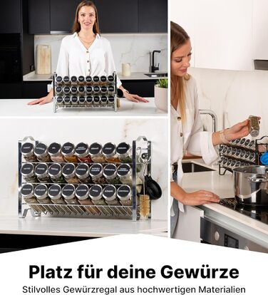 Квадратна підставка для спецій Deco haus з банками для спецій - Банки для спецій з полицею - Настінна підставка для спецій, підставка для спецій з набором з 24 банок для спецій - Металева підставка для спецій, не потребує свердління, хром - Набір з 24 пре