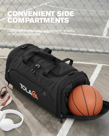 Спортивна сумка Tolaccea 56-70 л для чоловіків та жінок розширювана дорожня сумка з відділенням для взуття та відділенням для вологих речей, яку можна носити як рюкзак, для фітнесу, спортзалу, плавання, футболу, подорожей (чорна)