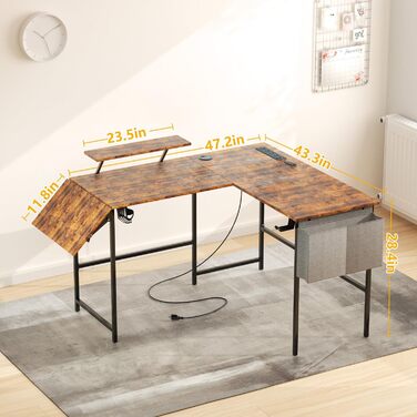 Ігровий стіл із розумним світлодіодним освітленням, L-подібний стіл із подовжувачем для домашнього офісу, кутовий стіл 120-150 см з розеткою, сумка для зберігання, підставка для монітора, вінтажний коричневий колір