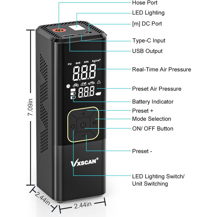 Електричний повітряний насос VXSCAN для шин, портативний цифровий автомобільний насос для шин, акумуляторний повітряний насос для швидкого накачування 15000 мАг для автомобільних шин, велосипедних шин і надувних виробів