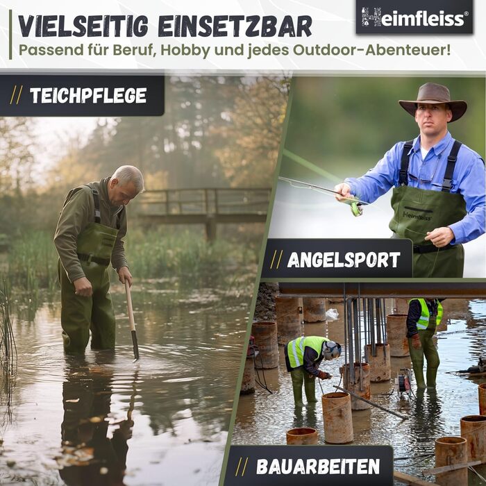 Чоловічі водонепроникні вейдерси з чобітьми Heimfleiss Унісекс нейлонові рибальські штани з аксесуарами Нековзні рибальські штани для риболовлі або чищення ставка Вейдерси, Штани для ставка, Рибальські штани, Розмір взуття 45, Зелені