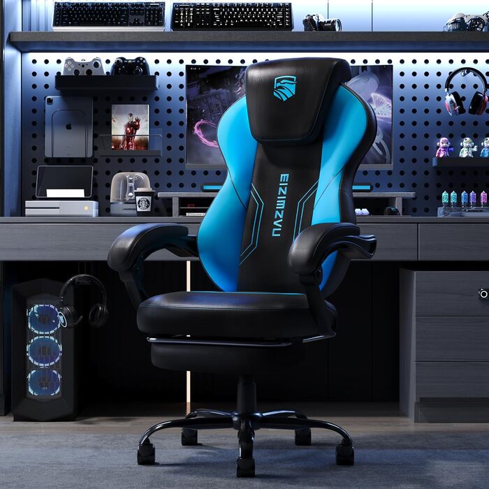 Геймерське крісло з підставкою для ніг та підголівником, ергономічне крісло керівника для дорослих, велике ігрове крісло з поперековою опорою, обертове крісло зі штучної шкіри для ігрової обстановки та домашнього офісу (274-Blue)