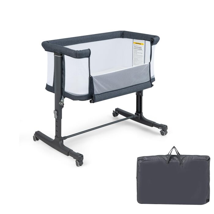Ліжечко DREAMADE 2-в-1 Side-by-Side, дорожнє ліжечко з регульованою висотою на 5 рівнях з матрацом та колесами, колиска 86 x 63 см для дітей від народження до 9 кг, дитяче ліжечко з кутом нахилу 10 (модель 2 - темно-сірий)