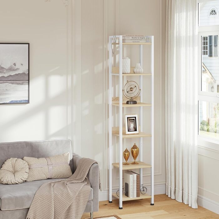 Ярусна полиця для зберігання WOLTU, кухонна полиця з 4 гачками, книжкова полиця в індустріальному стилі, окремостояча полиця для вітальні/кухні, вузька драбина, білий світлий дуб, 40x30x187 см, 6-