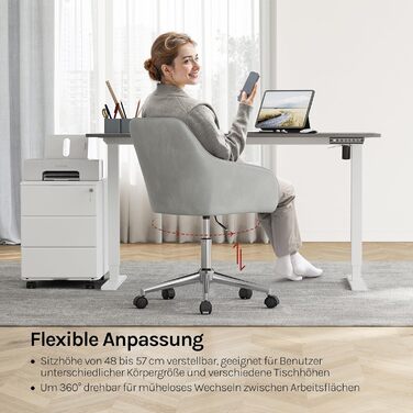 Крісло для домашнього офісу WOLTU, стілець для столу, обертове крісло, туалетний стілець, регульована висота, вантажопідйомність до 150 кг, з підлокітниками, оксамитове сидіння, для спальні, офісу, вітальні, світло-сірий BS145hgr світло-сірий оксамит