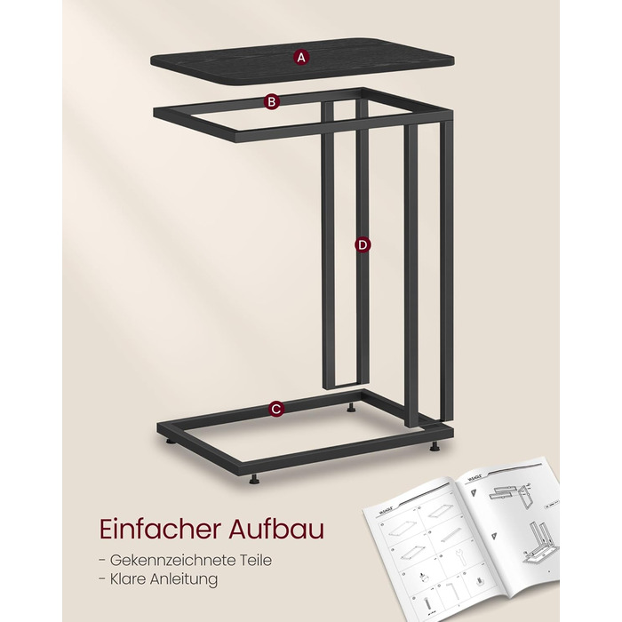 Журнальний столик VASAGLE, диван-столик на колесах, C-подібна форма, мобільний журнальний столик, 35 x 50 x 60 см, стіл для вітальні з металевим каркасом, для кави та ноутбука, сучасний, чорний колір LNT050B56 1 чорний колір