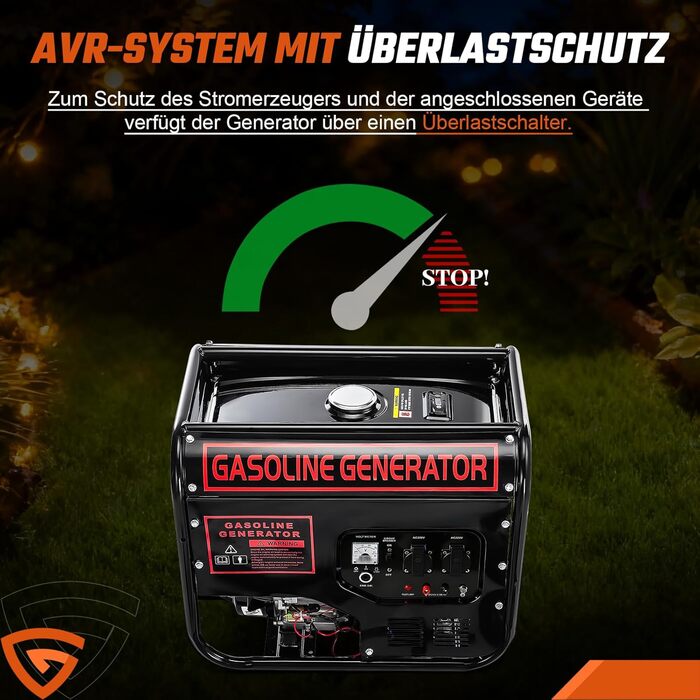 Тактний бензиновий генератор, електричний стартер 5000 Вт, аварійний генератор 12 к.с. з автоматичним регулюванням напруги (ARV), 2 розетки 230 В, 1 розетка 12 В, бак 15 л, 50 Гц, CE, портативний на колесах, для кемпінгу, будівельних майданчиків та дому, 