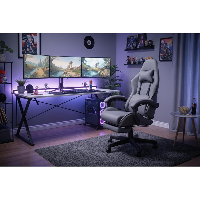 Геймерське крісло з підставкою для ніг мякі підлокітники регульована висота масажна подушка сірий