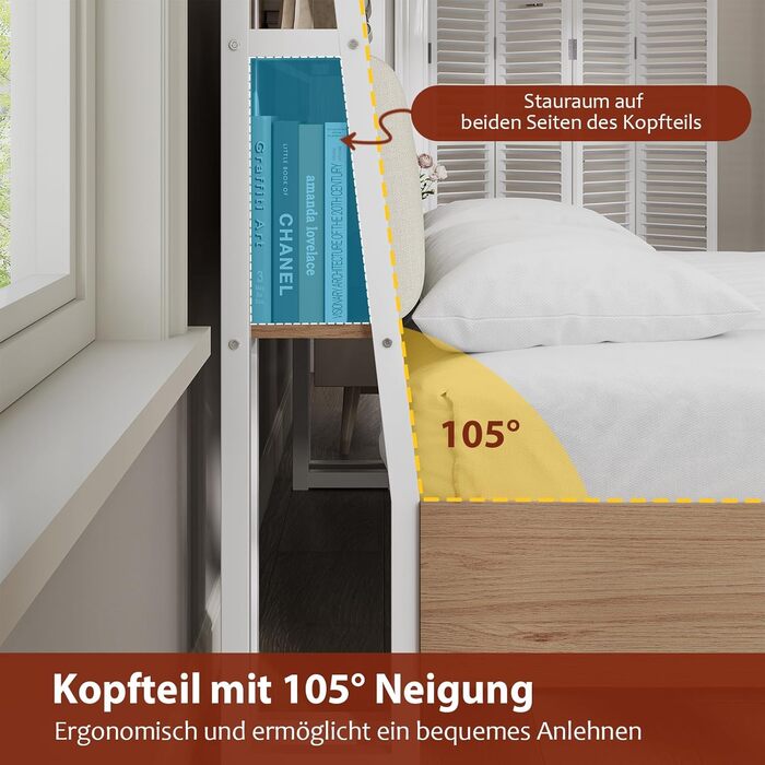 Ліжко 140x200 см, металевий каркас ліжка, основа ліжка з рейковою основою, зарядна станція, 2 шухляди, металевий каркас та дерев&39яне узголів&39я з місцем для зберігання, для спальні, гостьової кімнати, білий натуральний 140 x 200 см білий натуральний