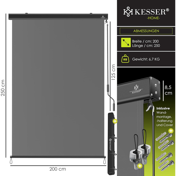 Вертикальна маркізна KESSER 200x250 см Вулична рулонна штора з ручним механізмом, балконна рулонна штора, захист від сонця та приватності, затінення, сонцезахист з ручкою, касетна маркізна, балкон та тераса, вкл. монтажний комплект та кришку, 200 x 250 см