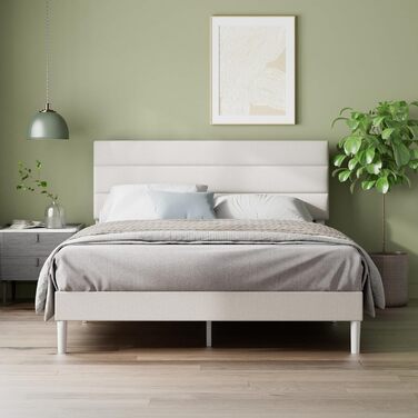 Ліжко Zinus Piper з м&39якою поверхнею 140x200 см з узголів&39ям - Високе ліжко 30 см 140x200 з дерев&39яною рейковою основою - Компактне пакування та легке складання - Кремово-білий 140200 см