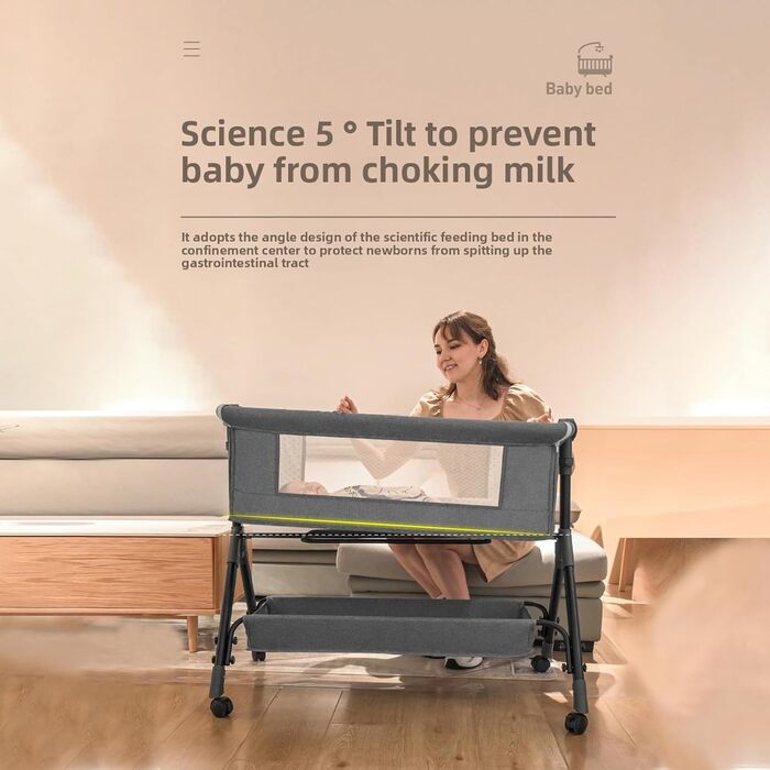 Портативна тумбочка, регульована по висоті, з кошиком для зберігання з москітної сітки, сіро-чорна (хакі)