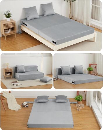 Диван-ліжко HAUSPROFI з оксамитовою оббивкою та 2 подушками, знімний чохол, який можна прати, розкладний матрац з високоеластичною PU губкою, спальна зона 140 см x 200 см (сірий)