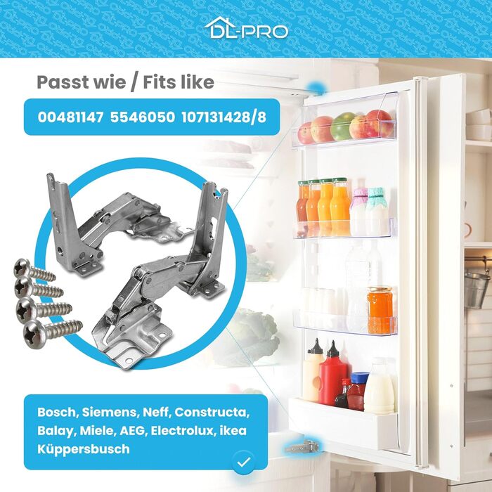 Петлі для холодильника DL-pro (2 шт.), сумісні з Bosch, Siemens, Miele, Neff, AEG, Electrolux (481147, 5546050, 407131425/8) - запчастини для вбудованих холодильників/морозильників