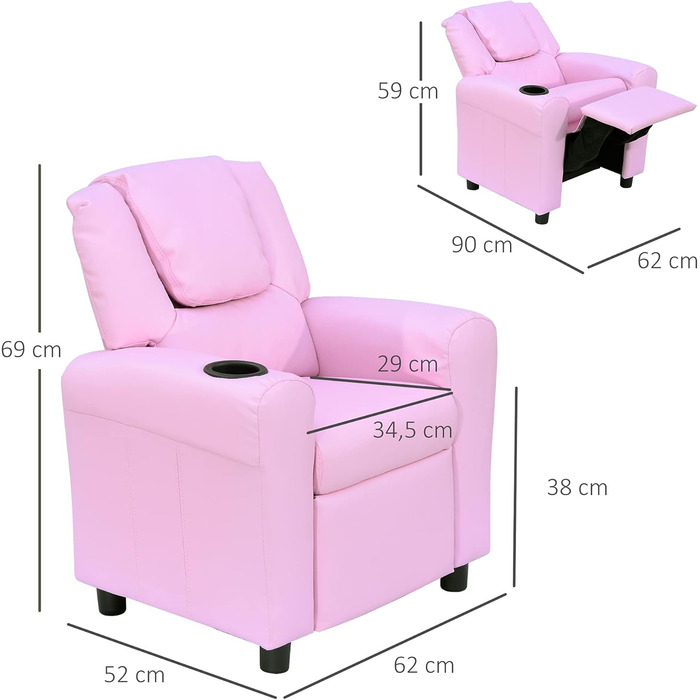 Дитячий диван HOMCOM, Дитяче крісло з підставкою для ніг, підлокітниками, підставками для чашок, регульованою спинкою, розкладний диван, Дитячий диван, Крісло для відпочинку, Дитячий диван для хлопчиків та дівчаток 3-6 років, Рожевий