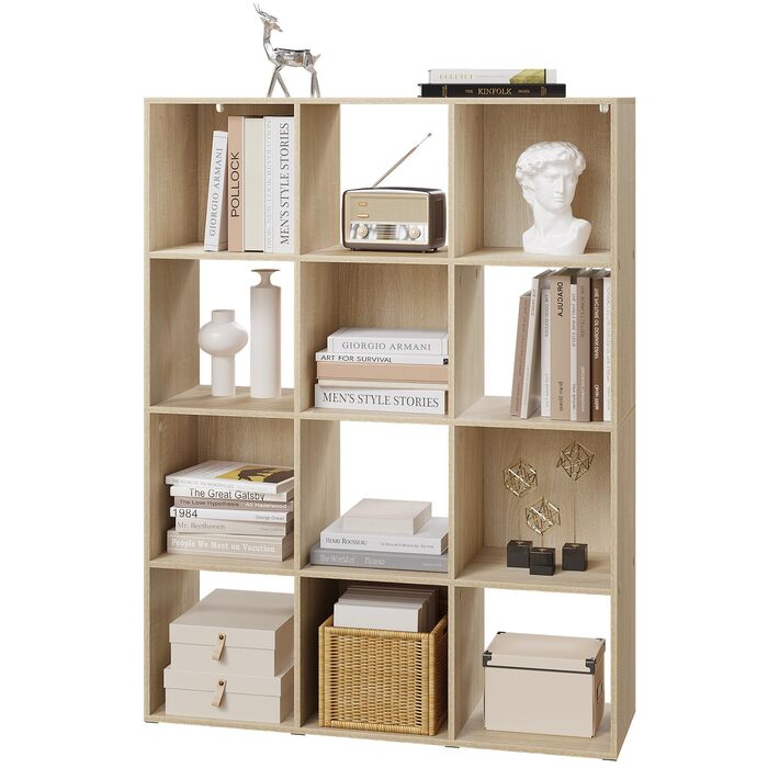 Книжкова полиця eSituro з 12 відділеннями, окремостояча кубічна полиця, відкрита полиця-перегородка для кімнати, сучасна стояча полиця, для вітальні, дитячої кімнати, офісу, спальні, 9120x29 см, світлий дуб