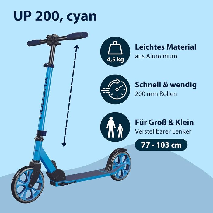 Самокат HUDORA Scooter Up 200 безшумний алюмінієвий самокат до 100 кг, складаний, з регулюванням висоти, для дітей, підлітків та дорослих, чорний/синій