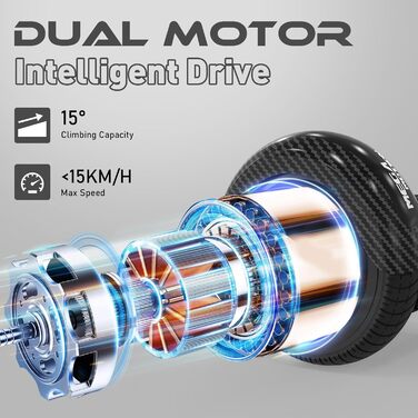 Гіроскутер MEGA MOTION 6,5 дюймів з ховеркартом – для дітей, молоді та дорослих, з Bluetooth-динаміком, світлодіодним підсвічуванням, чорний картинг