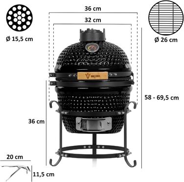 Вугільний гриль Haiiro Ø 32 см з термометром, дерев'яна ручка чорний керамічний гриль Kamado, міні-гриль на вугіллі, міні-гриль ка