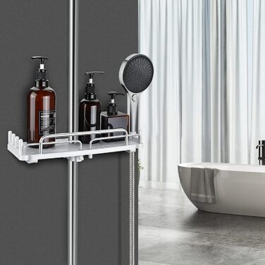 Душова полиця без свердління, телескопічна 32-48 см, душова полиця для підвісного органайзера для ванної кімнати, душова полиця без свердління, стійка для зберігання душової штанги для душової штанги 18-25 мм (біла)