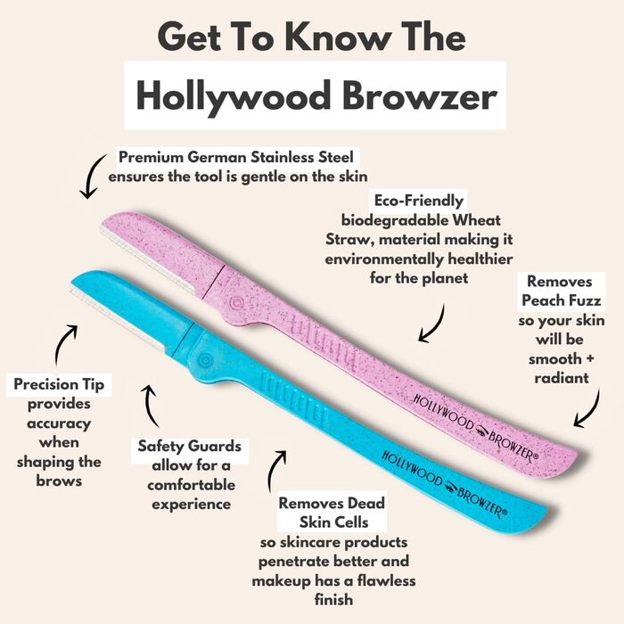 Інструмент для гоління Hollywood Browzer Dermaplaning для обличчя - Корекція брів - Видалення небажаного волосся і персикового пуху - Відлущувальний інструмент для жінок - Бритва для обличчя для жінок - Duo Pack Блакитний опал і рожевий кварц