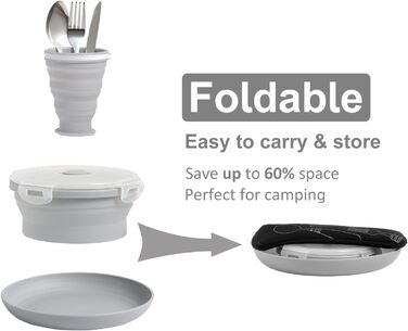 Набір столових приборів для кемпінгу, тарілки, миски, чашки для 2 осіб, складний портативний набір кемпінгових тарілок і мисок, набори кемпінгового посуду для кемпінгу, подорожей та активного відпочинку, сірий, 2 особи