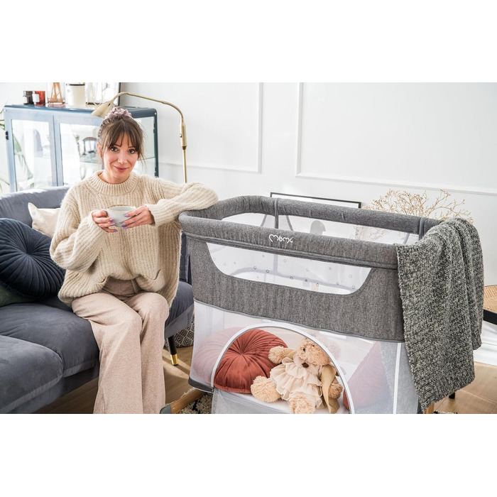 Дитяче ліжечко Momi SMART Bed 4-в-1 до 15 кг, приліжкове ліжечко для немовлят з матрацом, регульована висота, сірого кольору, одномісне