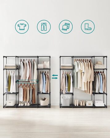 Відкрита шафа, Вішалка для одягу, Штанга для одягу, Шафа, 43 x 151 x 166 см, 4 підвісні полиці, Багато місця, для спальні, вітальні, Чорний RYG036B02