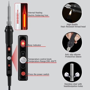 Набір паяльників, паяльник 60 Вт з вимикачем 200-450C, регульована ручка температури, 5 жал, вигнутий пінцет, паяльний дріт, підст