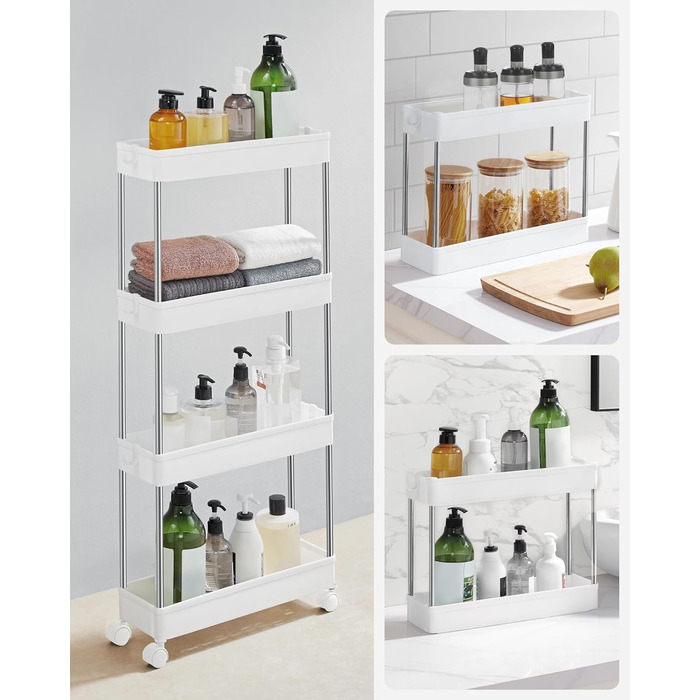 Візок, кухонний візок з 4 рівнями, кухонна полиця, полиця в нішу, з 6 гачками, поворотні колеса на 360, замикається, сталева рама,