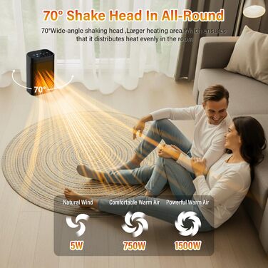 Електричний обігрівач потужністю 1500 Вт з дистанційним керуванням, керамічний нагрівальний елемент PTC, тиха робота з коливаннями 70, захист від перегріву та перекидання, 12-годинний таймер, для використання в приміщенні