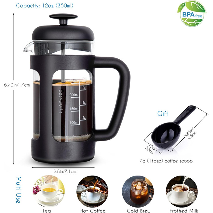 Прес для кавоварки Easyworkz French Press 350 мл з боросилікатним склом, неслизька м&39яка ручка, чорний