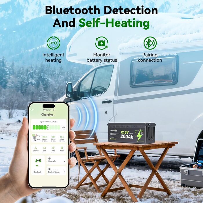 Літій-іонний акумулятор 12V 200Ah LiFePO4 з Bluetooth-моніторингом, самонагріванням, захистом від перегріву та акумуляторами BMS 200A для автофургонів, кемпінгів, сонячних панелей, гольф-карів та домашніх автономних систем 12200-BT-Heat