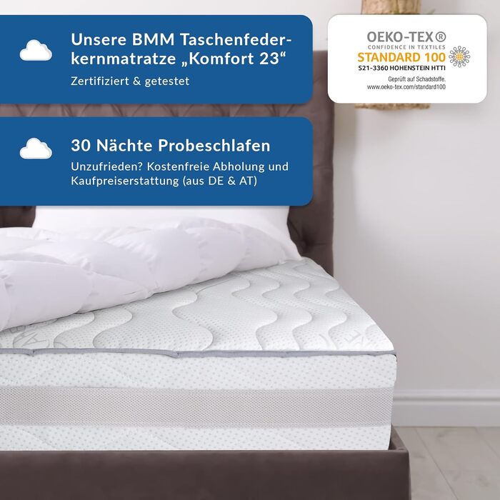 Матрац BMM 90x200 см Comfort TFK Рівень жорсткості H4/Матрац з пружинами Pocket Spring/Ергономічний 7 зон/Сертифіковано Oeko-Tex/Висота 23 см/Матраци вироблені в Німеччині 90 x 200 см H4